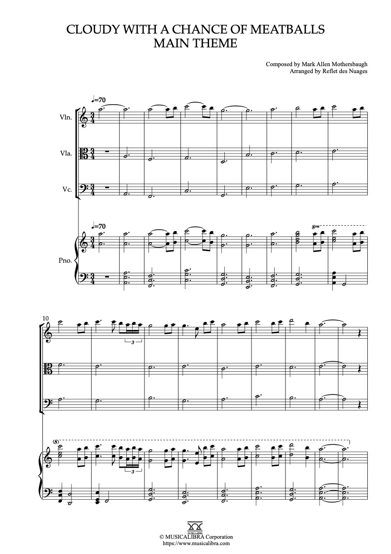 Partitura de Cloudy With a Chance of Meatballs Main Theme arreglada para cuarteto de violín, viola, violonchelo y piano