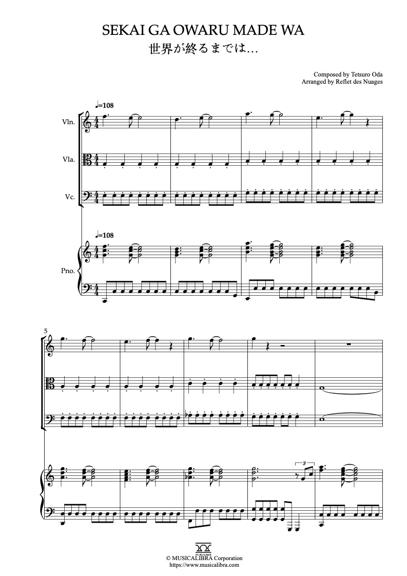 Partitura de Slam Dunk Sekai Ga Owaru Made Wa arreglada para cuarteto de violín, viola, violonchelo y piano