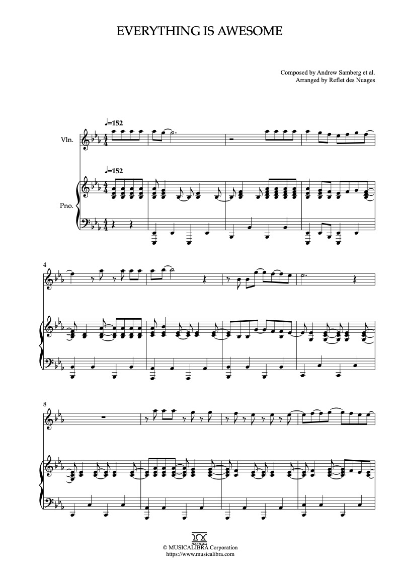 Partitura de The LEGO® Movie Everything Is Awesome arreglada para dueto de violín y piano