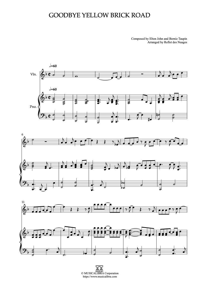Sheet music of Elton John Goodbye Yellow Brick Road arranged for violin and piano duet preview page 1