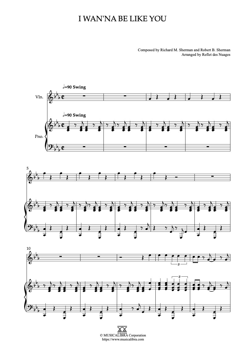 The Jungle Book I Wan’na Be Like You 編曲楽譜 - ヴァイオリン、ピアノデュエット