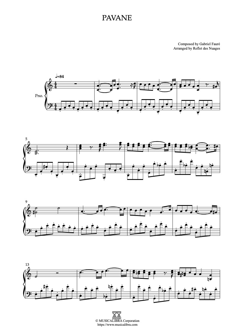 Partitura de Gabriel Fauré Pavane arreglada para piano solo