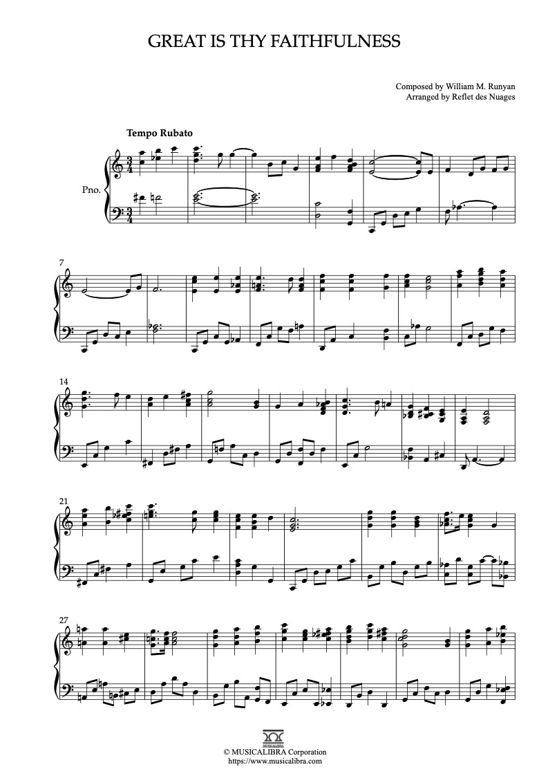 Partitura de Great Is Thy Faithfulness arreglada para piano solo