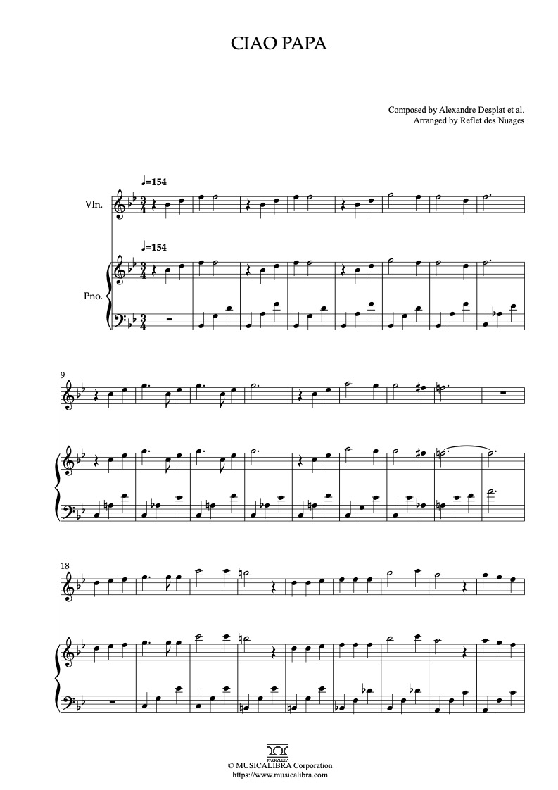 Partitura de Guillermo del Toro's Pinocchio Ciao Papa arreglada para dueto de violín y piano