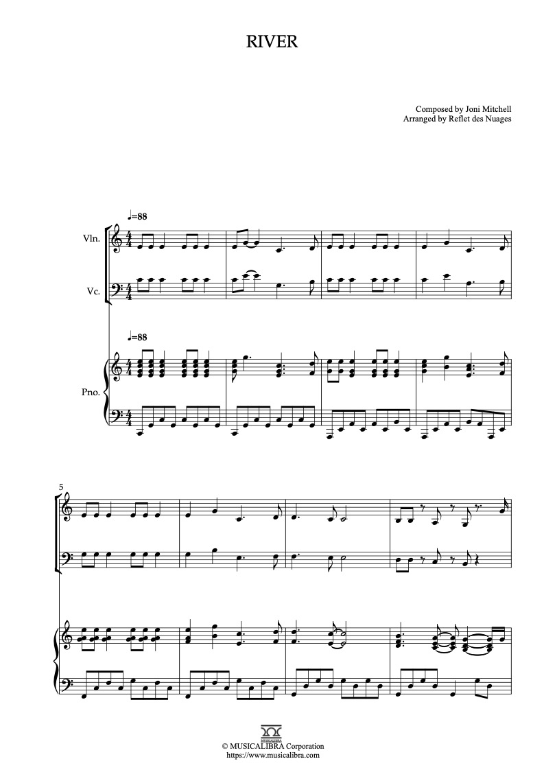 Joni Mitchell River 編曲楽譜 - ヴァイオリン、チェロ、ピアノトリオ