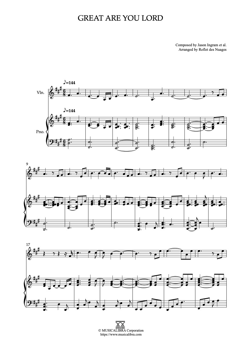 Sheet music of Great Are You Lord arranged for violin and piano duet preview page 1