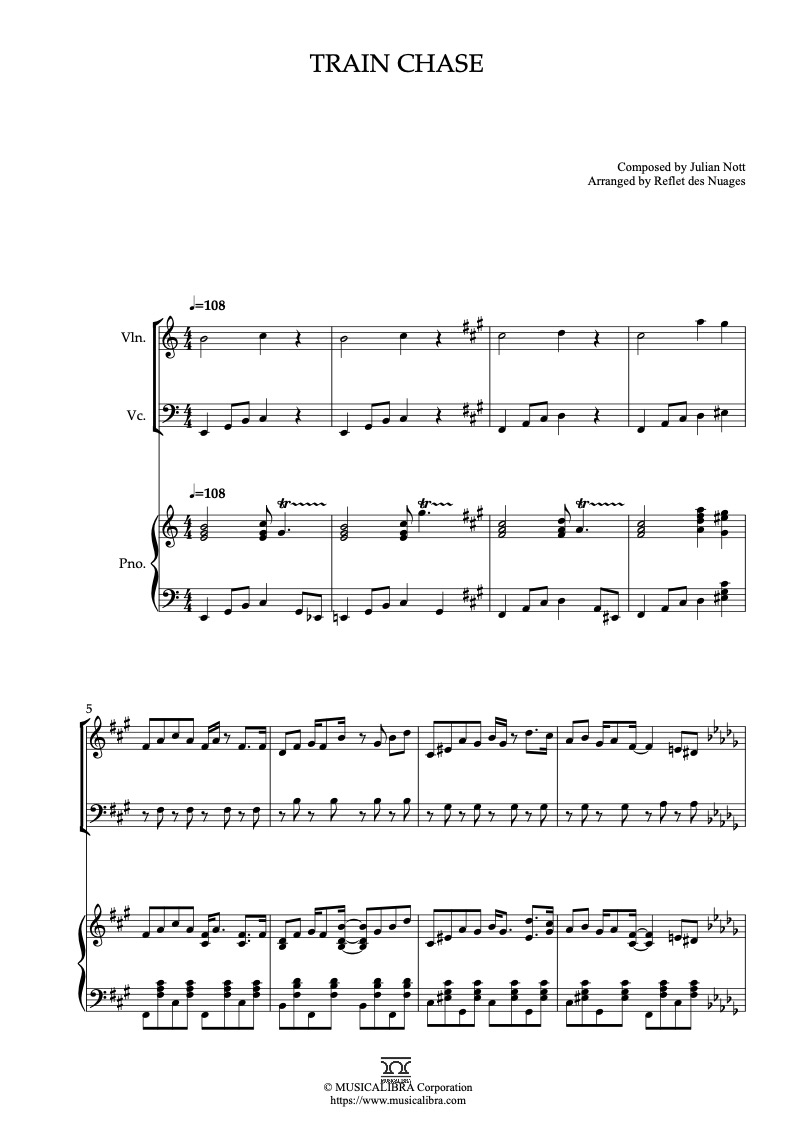 Partitura de The Wrong Trousers Train Chase arreglada para trío de violín, violonchelo y piano