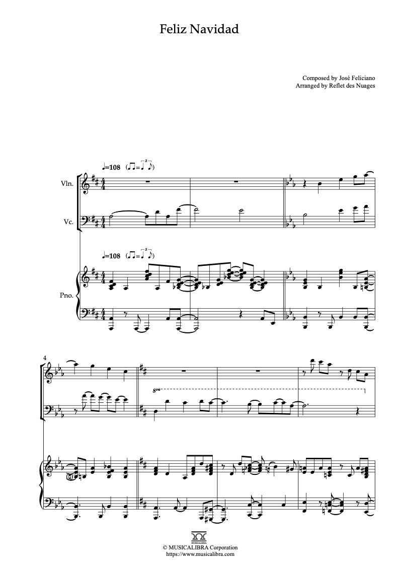 Feliz Navidad 編曲楽譜 - ヴァイオリン、チェロ、ピアノトリオ