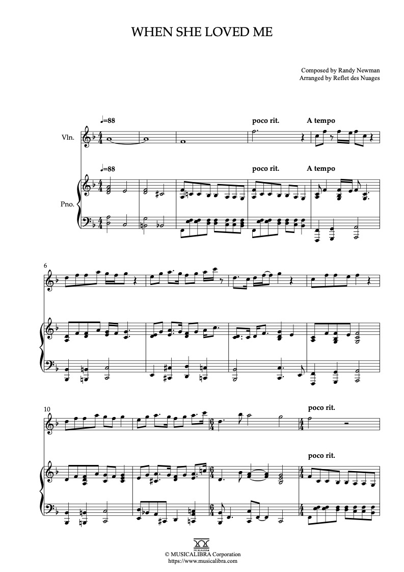 Partitura de Toy Story 2 When She Loved Me arreglada para dueto de violín y piano