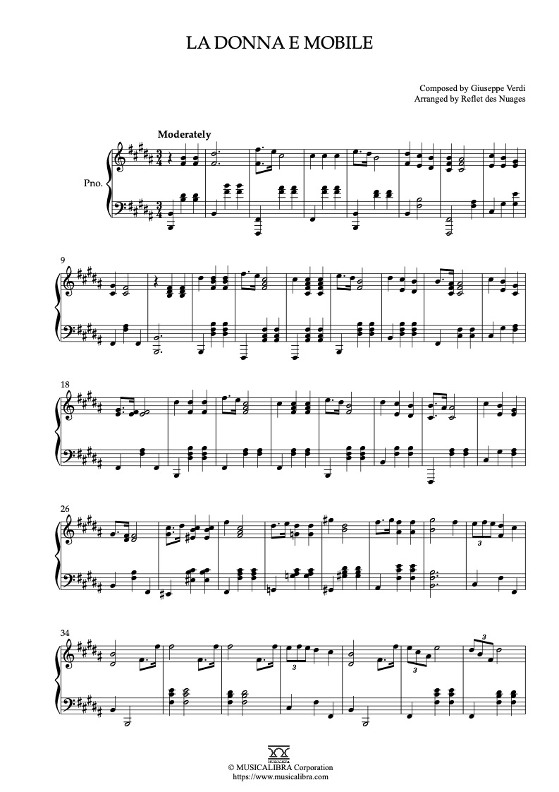 Sheet music of La donna e mobile arranged for piano solo preview page 1