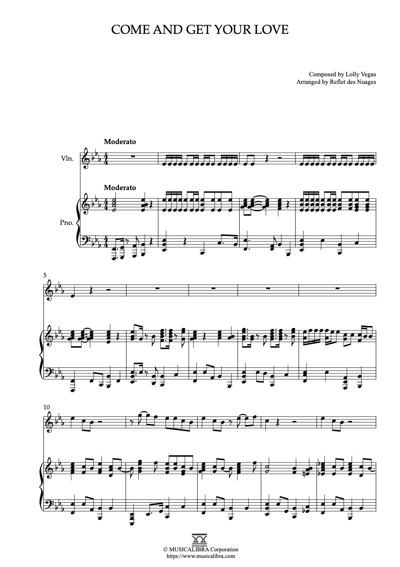 Partitura de Come and Get Your Love arreglada para dueto de violín y piano
