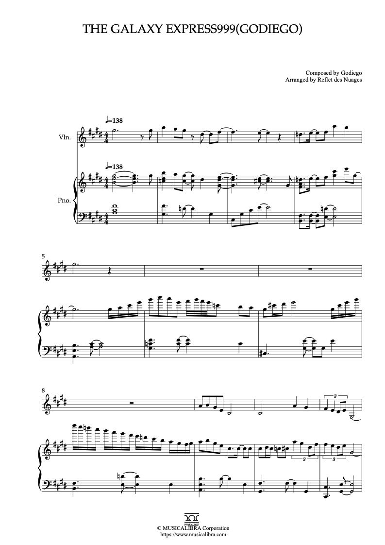 Partitura de The Galaxy Express999(Godiego) arreglada para dueto de violín y piano