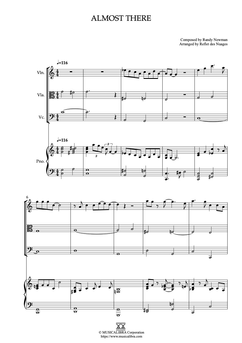 Partitura de The Princess and the Frog Almost There arreglada para cuarteto de violín, viola, violonchelo y piano