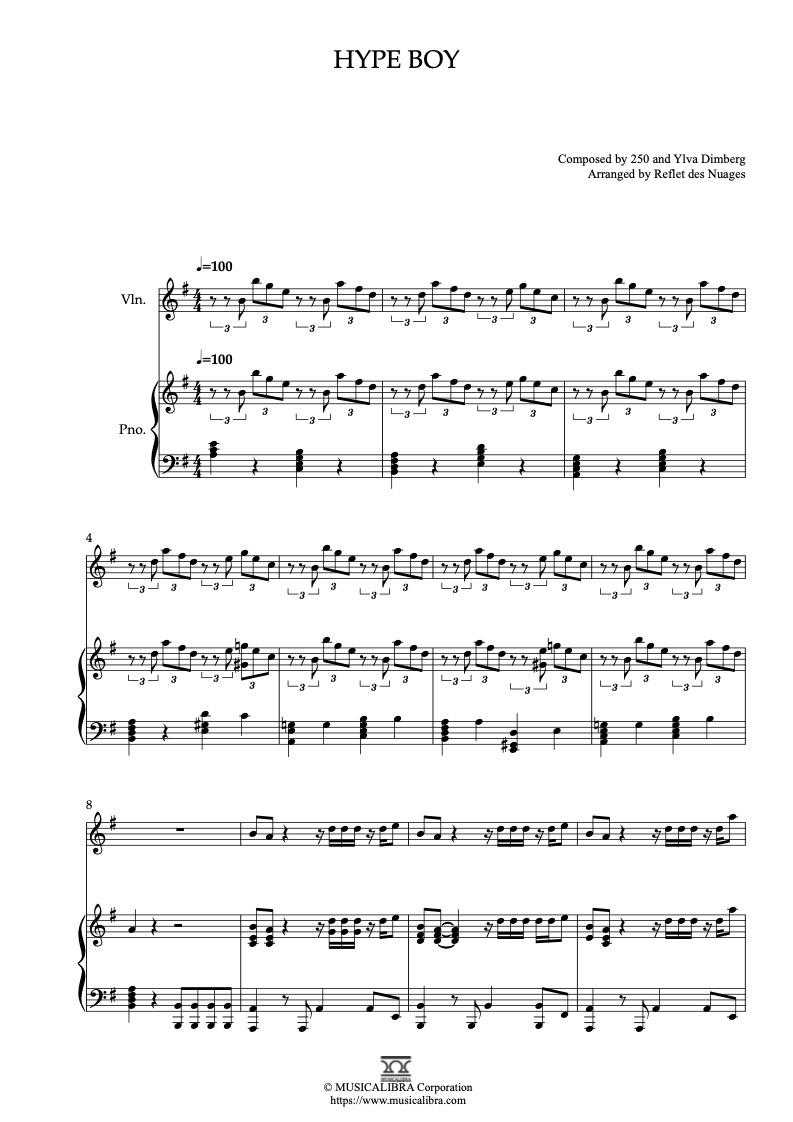 Sheet music of NewJeans Hype Boy arranged for violin and piano duet preview page 1