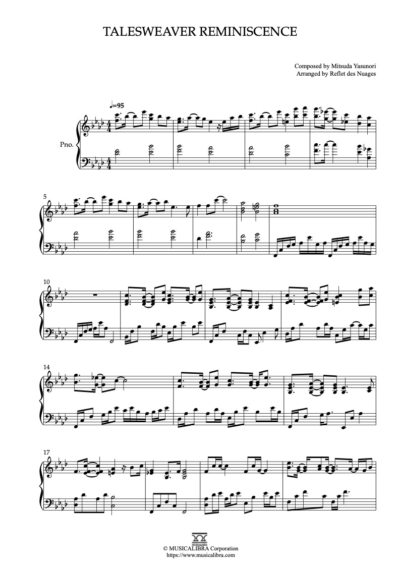 Partitura de TalesWeaver Reminiscence arreglada para piano solo