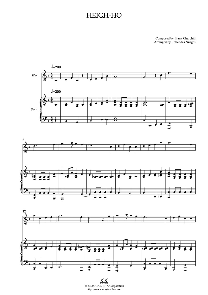 Snow White and the Seven Dwarfs Heigh-Ho 編曲楽譜 - ヴァイオリン、ピアノデュエット