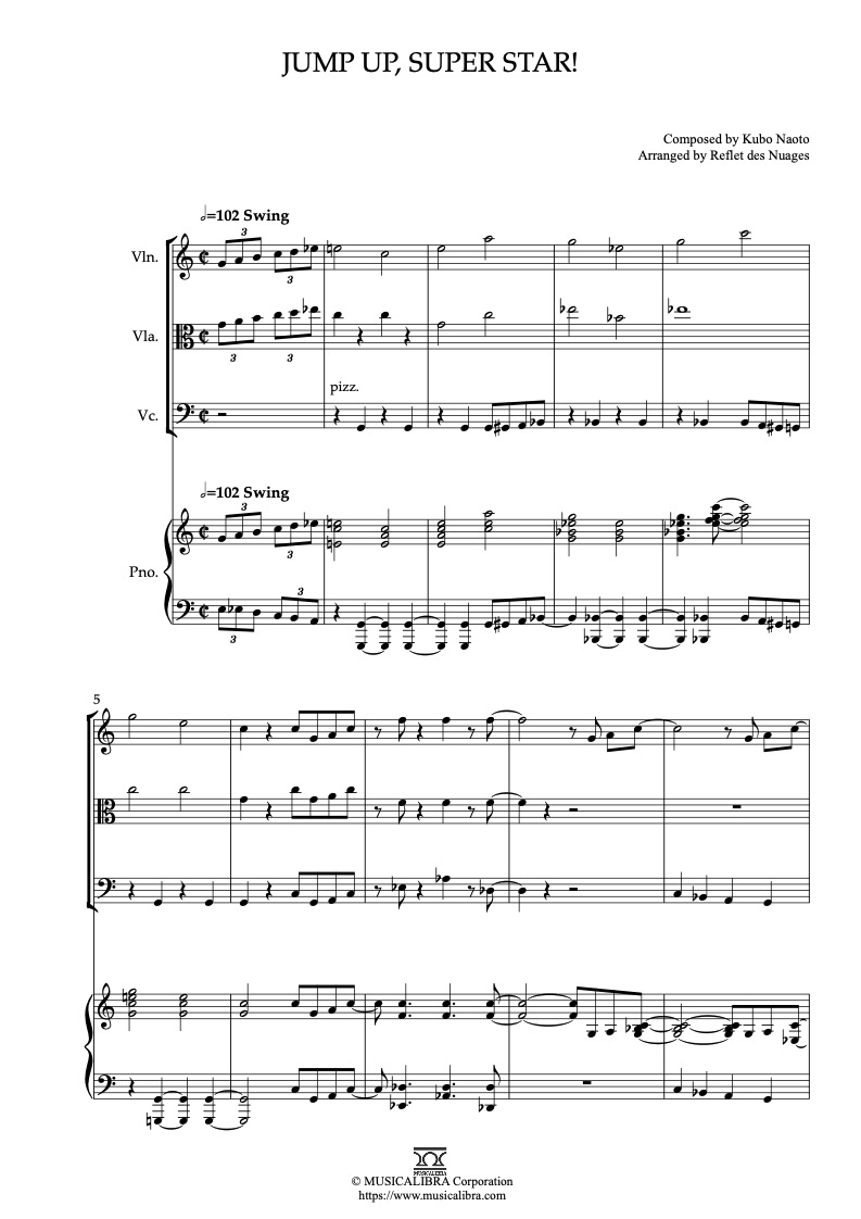Partitura de Super Mario Odyssey Jump Up, Super Star! arreglada para cuarteto de violín, viola, violonchelo y piano