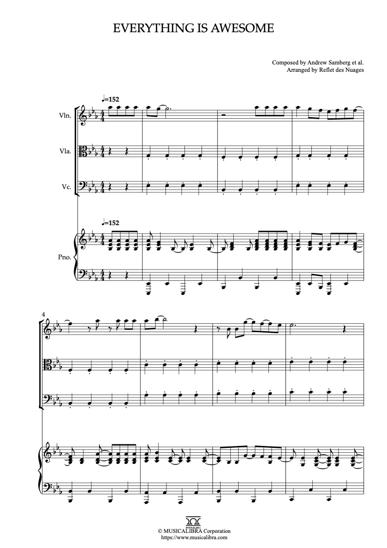 Sheet music of The LEGO® Movie Everything Is Awesome arranged for violin, viola, cello and piano quartet chamber ensemble preview page 1
