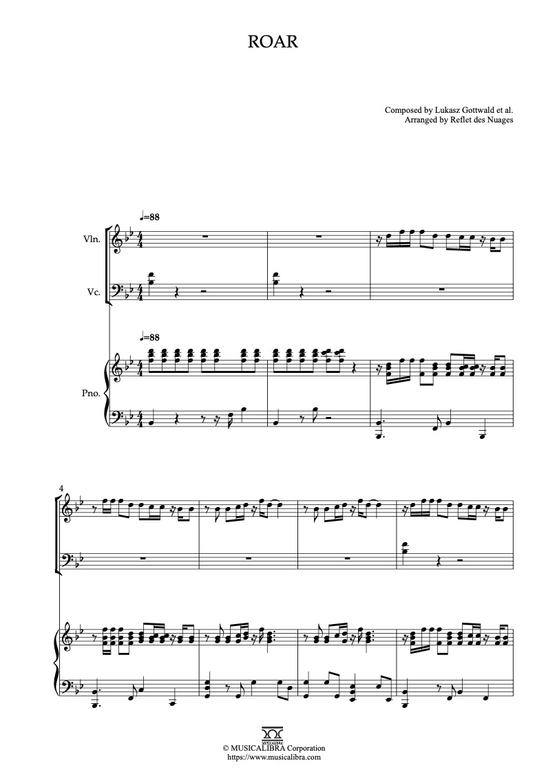 Sheet music of Katy Perry Roar arranged for violin, cello and piano trio chamber ensemble preview page 1