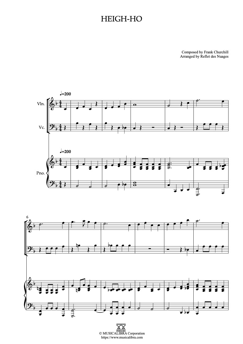 Snow White and the Seven Dwarfs Heigh-Ho 編曲楽譜 - ヴァイオリン、チェロ、ピアノトリオ