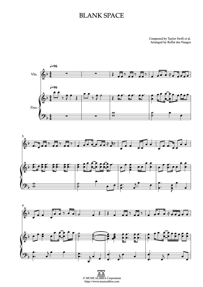 Sheet music of Taylor Swift Blank Space arranged for violin and piano duet chamber ensemble preview page 1