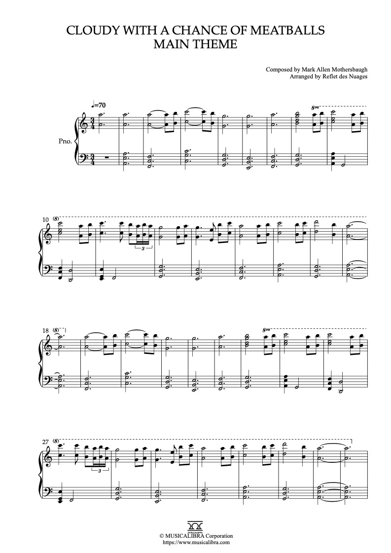 Cloudy With a Chance of Meatballs Main Theme ピアノソロ 編曲 楽譜