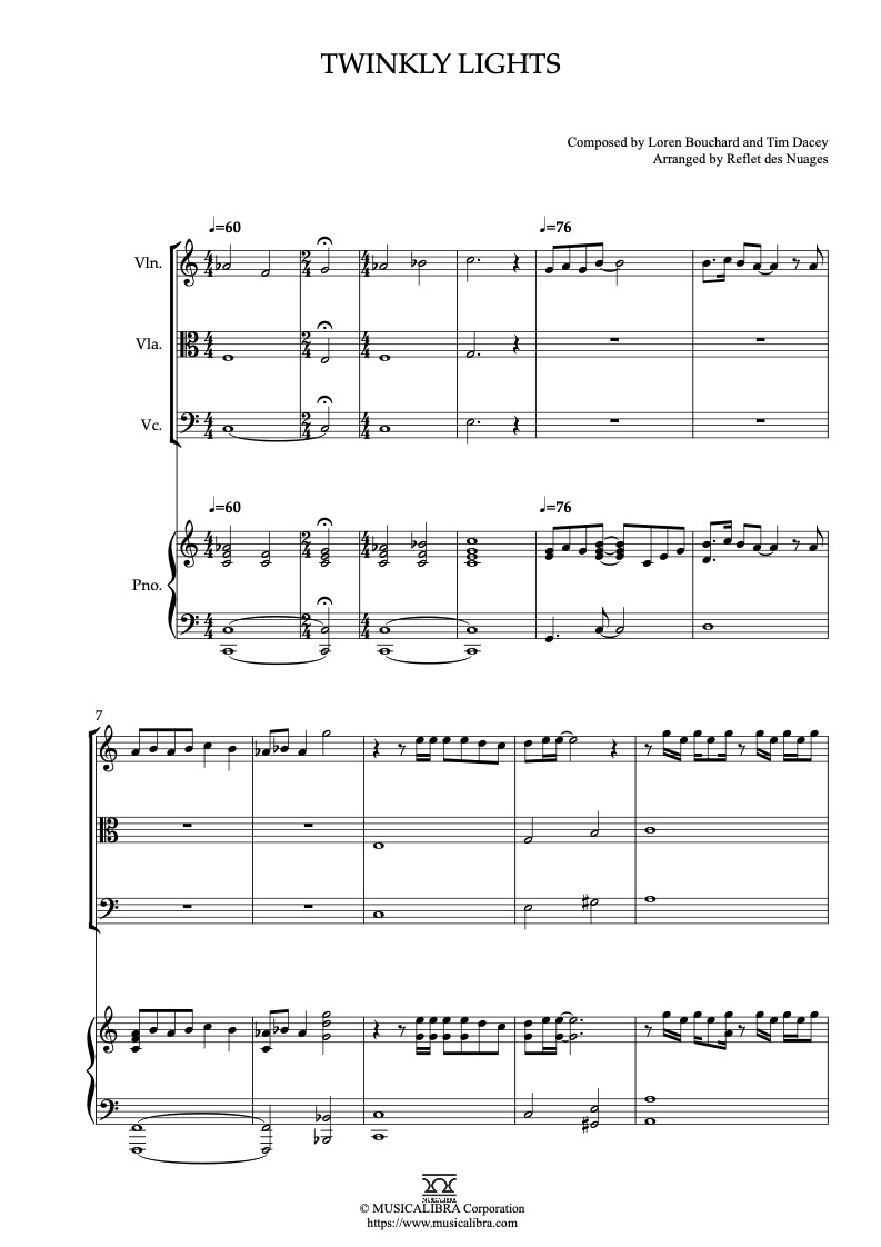 Sheet music of Twinkly Lights arranged for violin, viola, cello and piano quartet chamber ensemble preview page 1