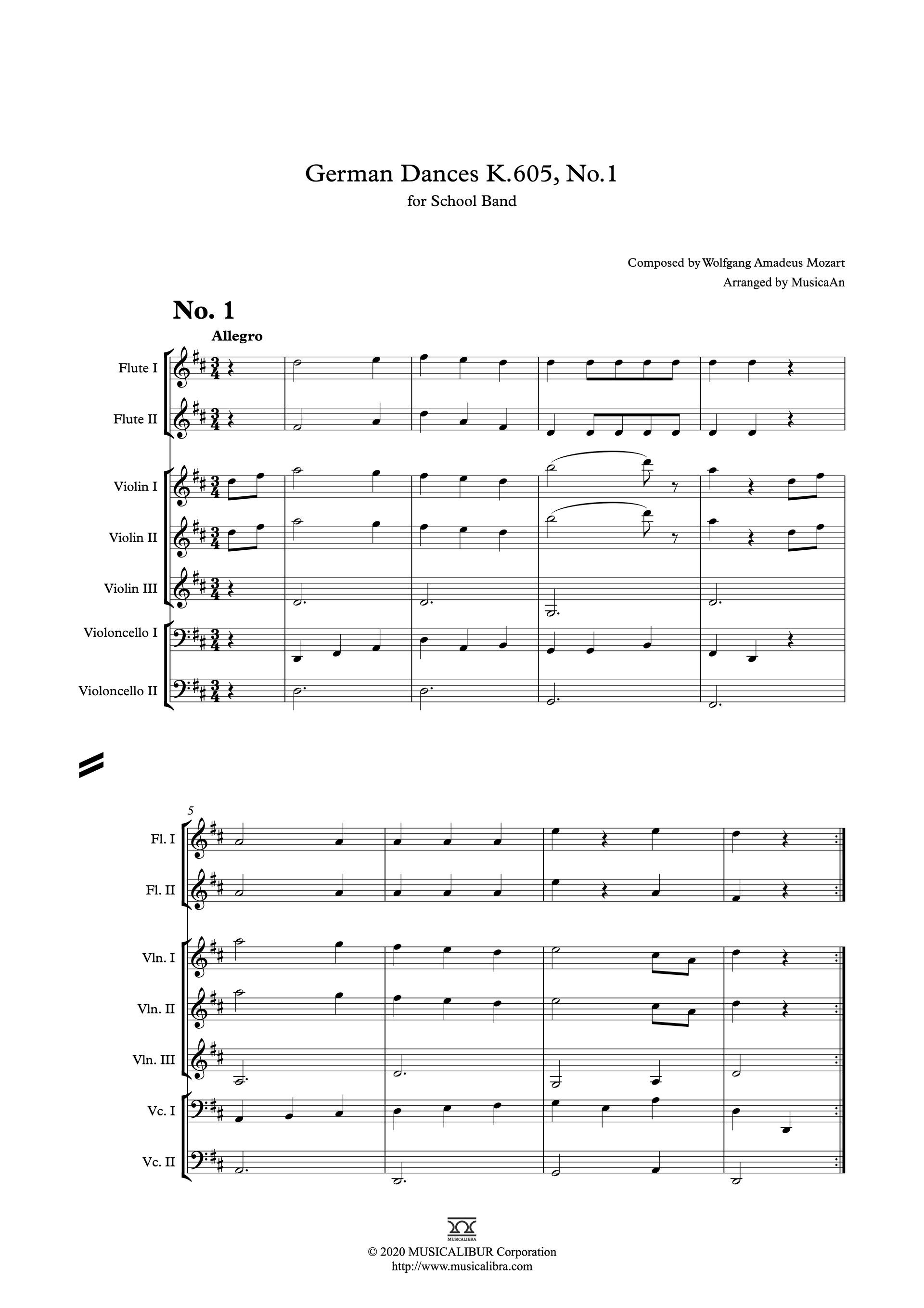 Sheet music of Wolfgang Amadeus Mozart's German Dances K. 605, No. 1 arranged for school band preview page 1