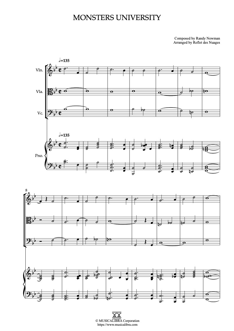 Partitura de Monsters University arreglada para cuarteto de violín, viola, violonchelo y piano