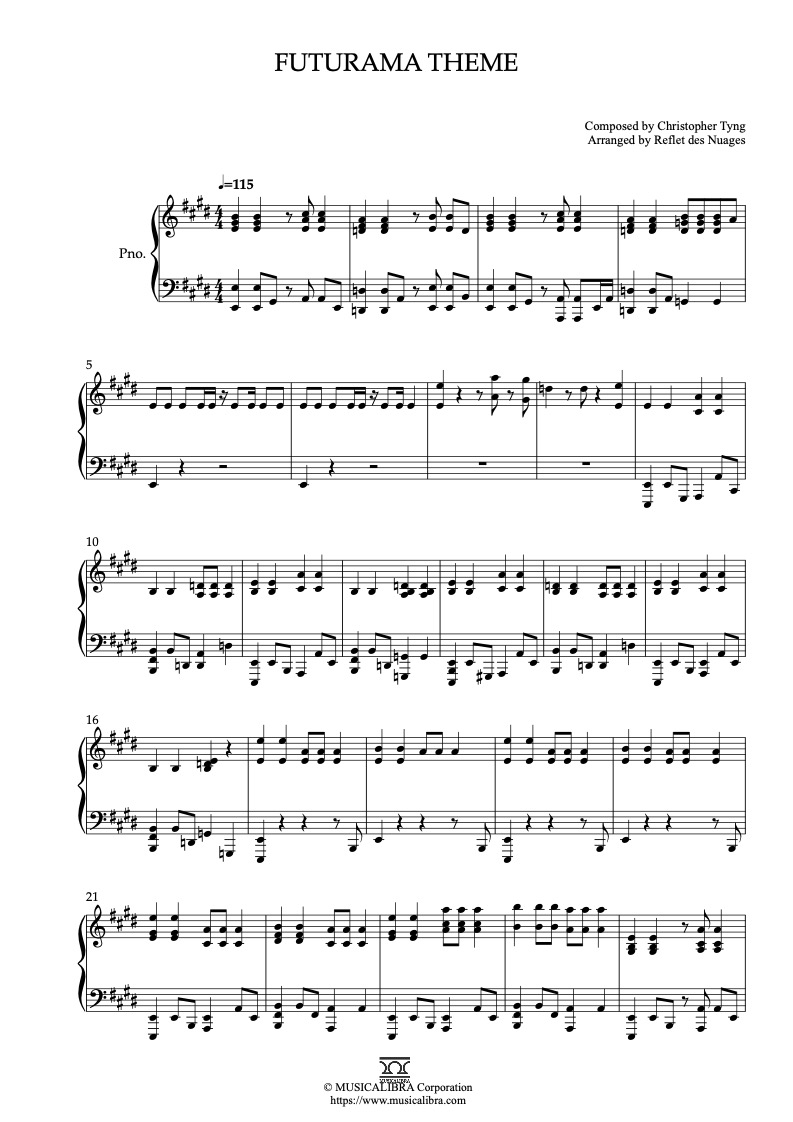Partitura de Futurama Theme arreglada para piano solo