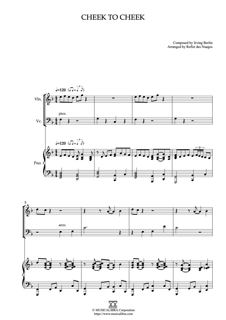 Ella Fitzgerald&Louis Armstrong Cheek to Cheek 編曲楽譜 - ヴァイオリン、チェロ、ピアノトリオ