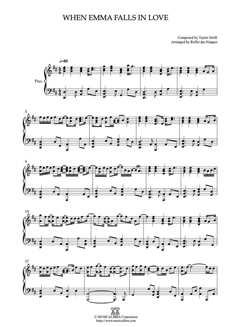 Partitura de Taylor Swift When Emma Falls in Love arreglada para piano solo