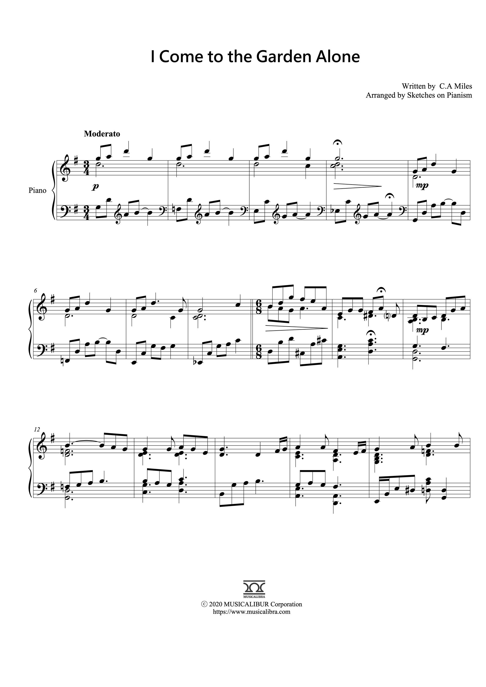 Sheet music of I Come to the Garden Alone arranged for piano solo preview page 1