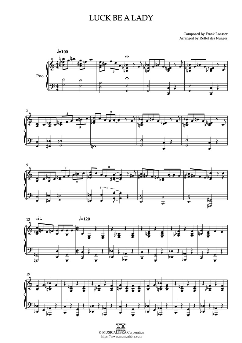 Partitura de Guys and Dolls Luck Be a Lady arreglada para piano solo