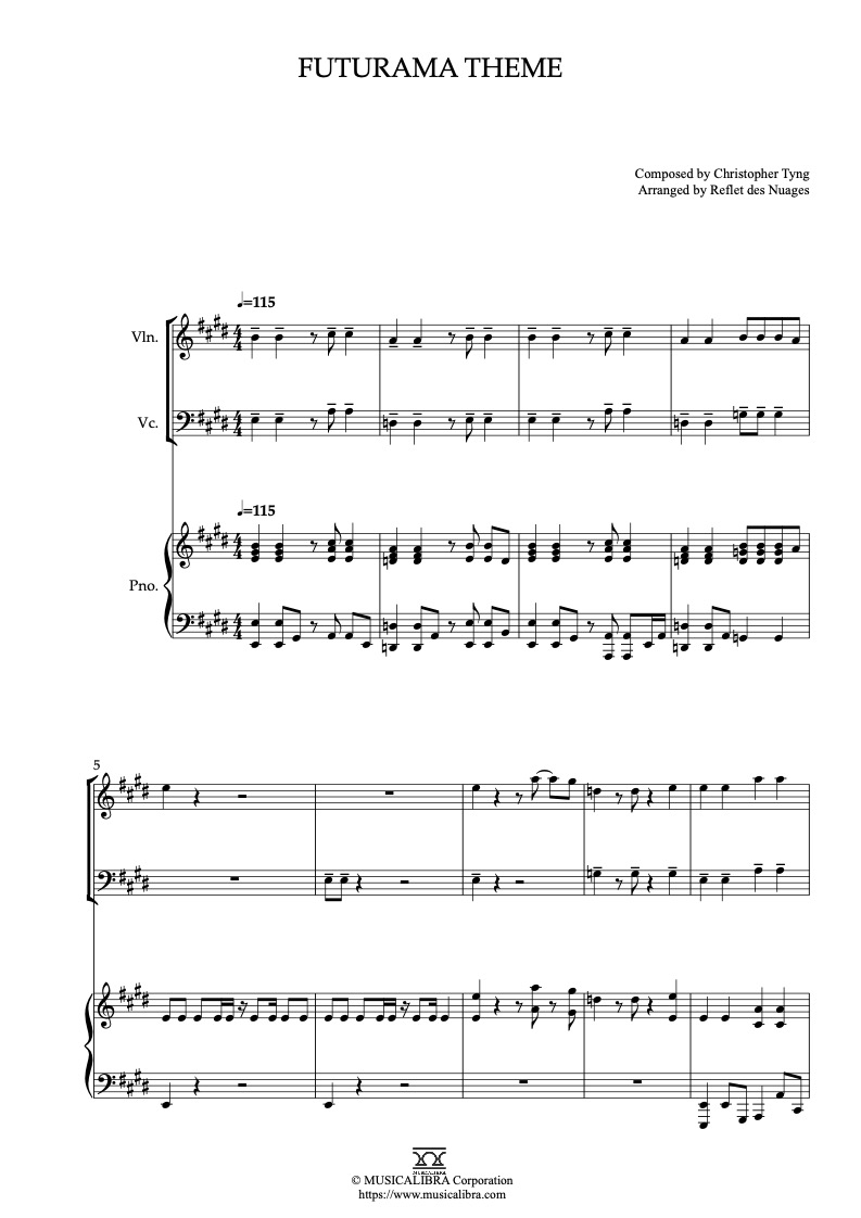 Partitura de Futurama Theme arreglada para trío de violín, violonchelo y piano