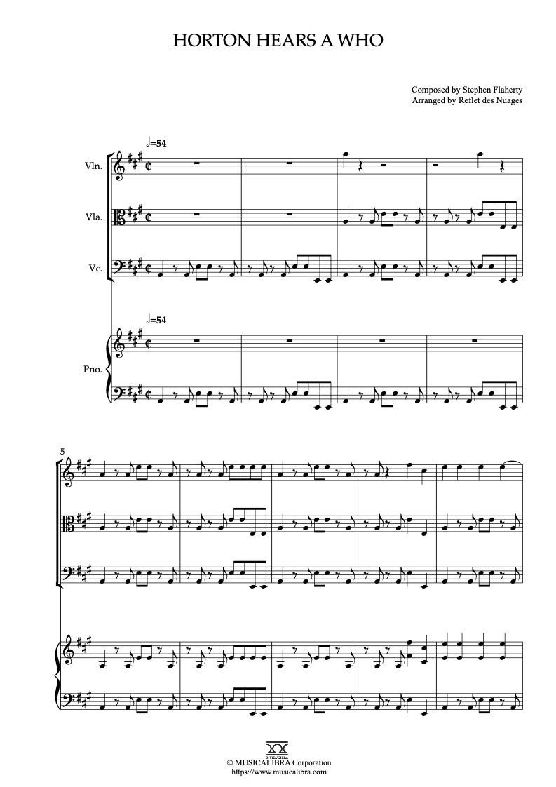 Partitura de Horton Hears a Who arreglada para cuarteto de violín, viola, violonchelo y piano