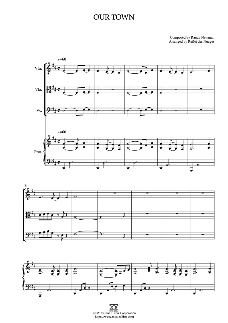 Partitura de Cars Our Town arreglada para cuarteto de violín, viola, violonchelo y piano