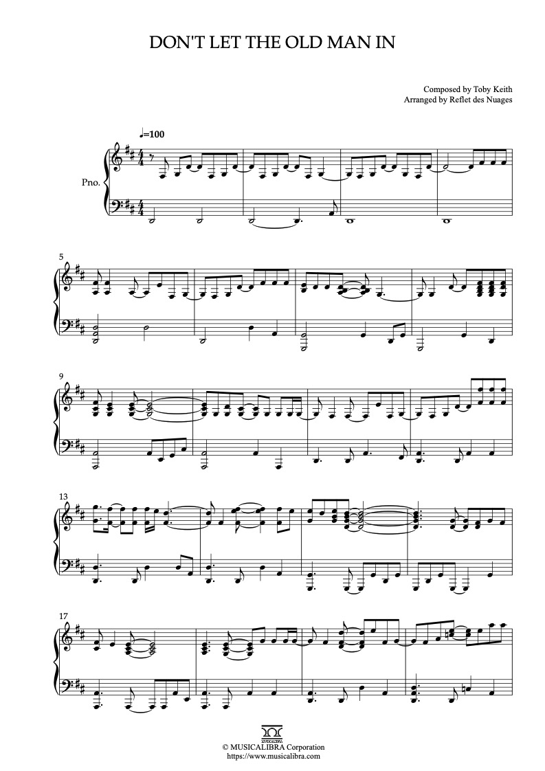 Toby Keith Don't Let the Old Man In 피아노 편곡 악보
