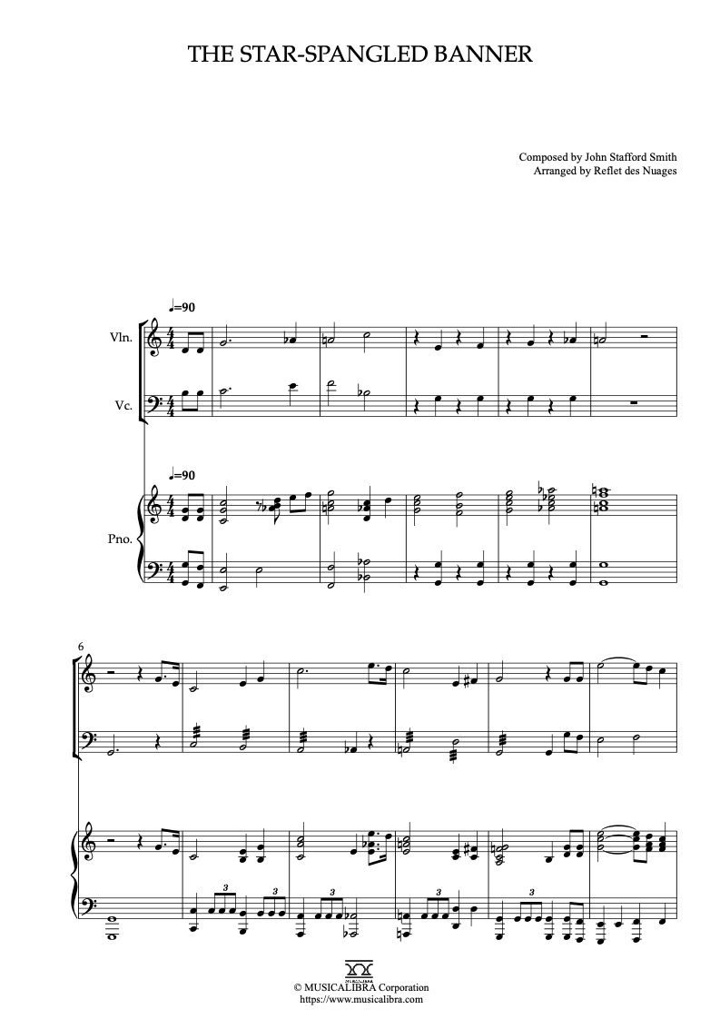 Sheet music of The Star Spangled Banner arranged for violin, cello and piano trio chamber ensemble preview page 1