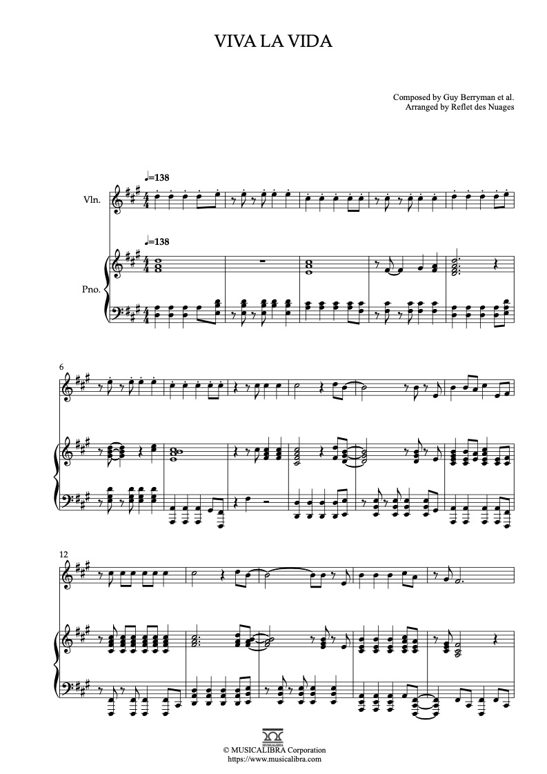 Coldplay Viva la Vida 二重奏 樂譜 - 小提琴, 鋼琴