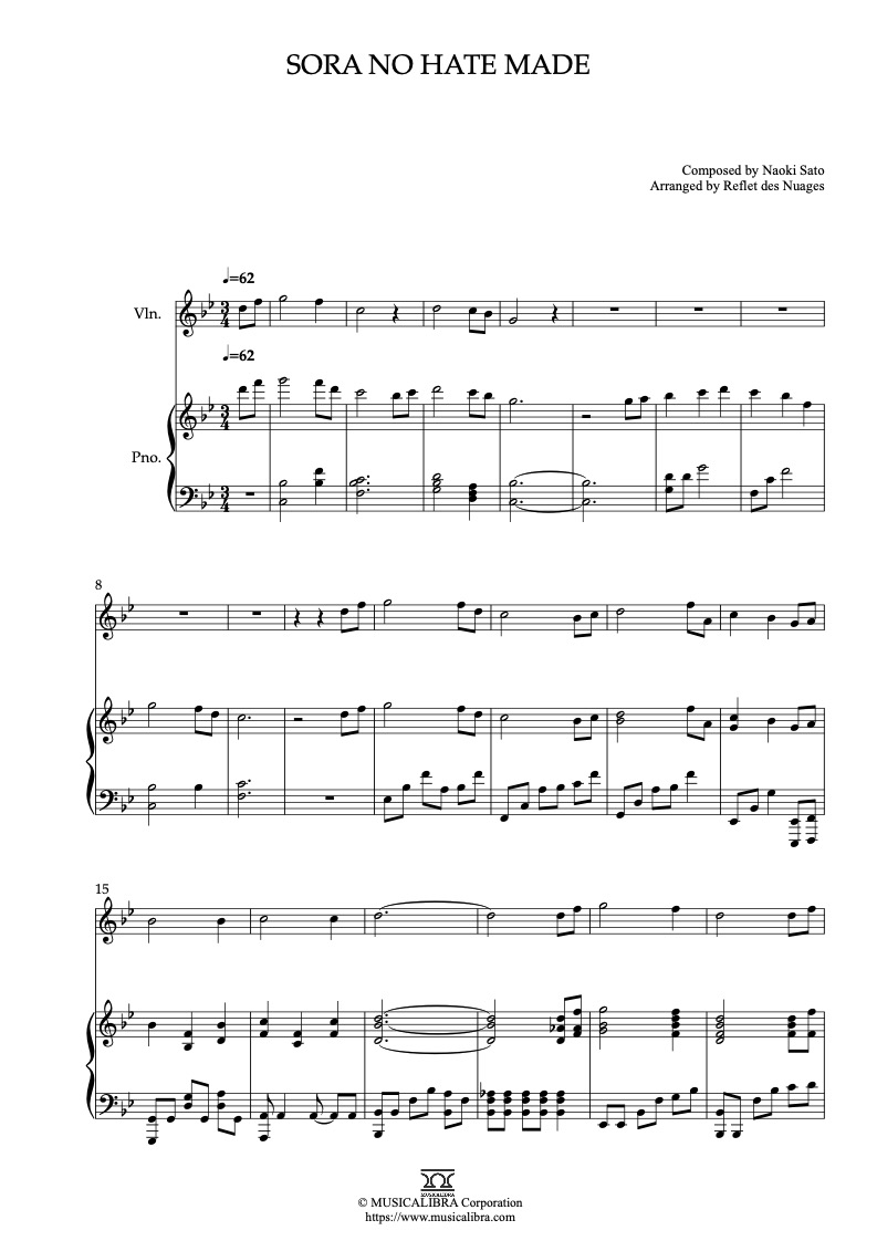 Partitura de Sword of the Stranger Sora no hate made arreglada para dueto de violín y piano