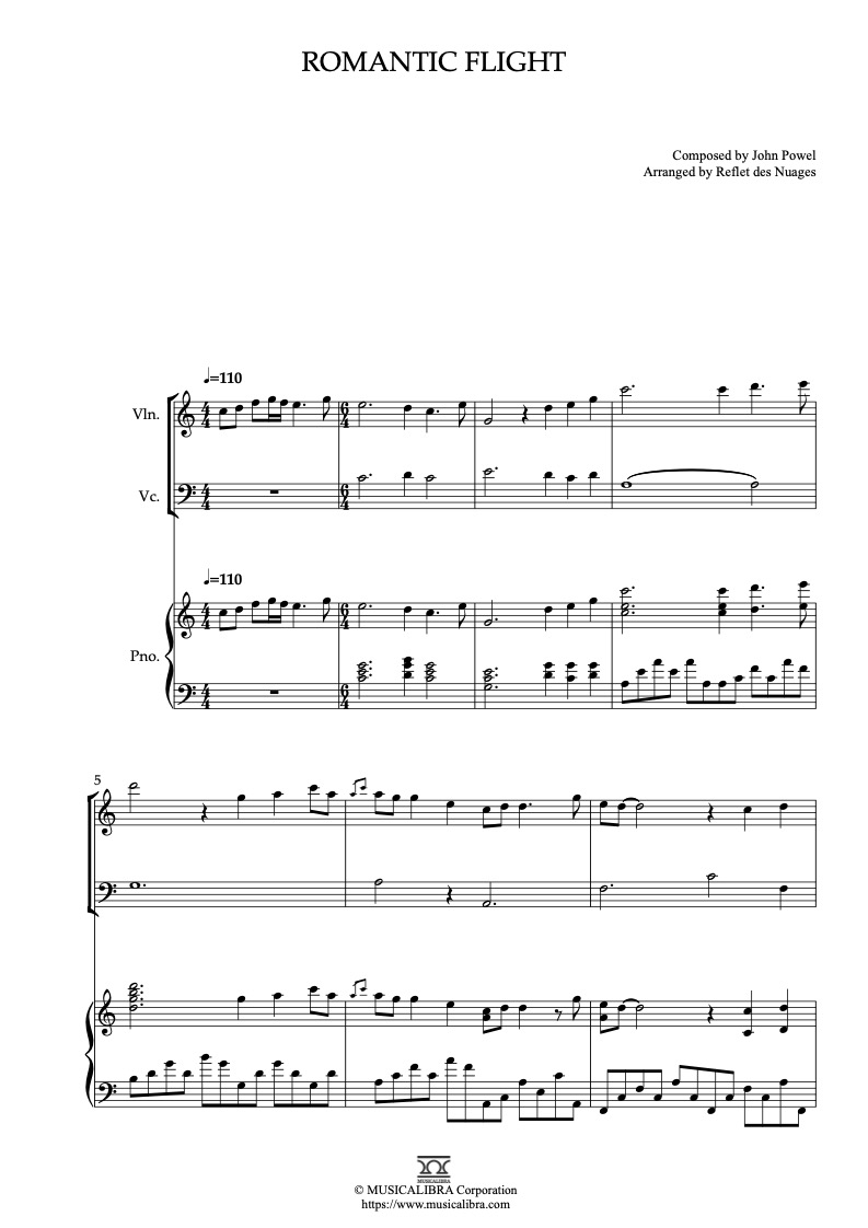Sheet music of How to Train Your Dragon Romantic Flight arranged for violin, cello and piano trio chamber ensemble preview page 1