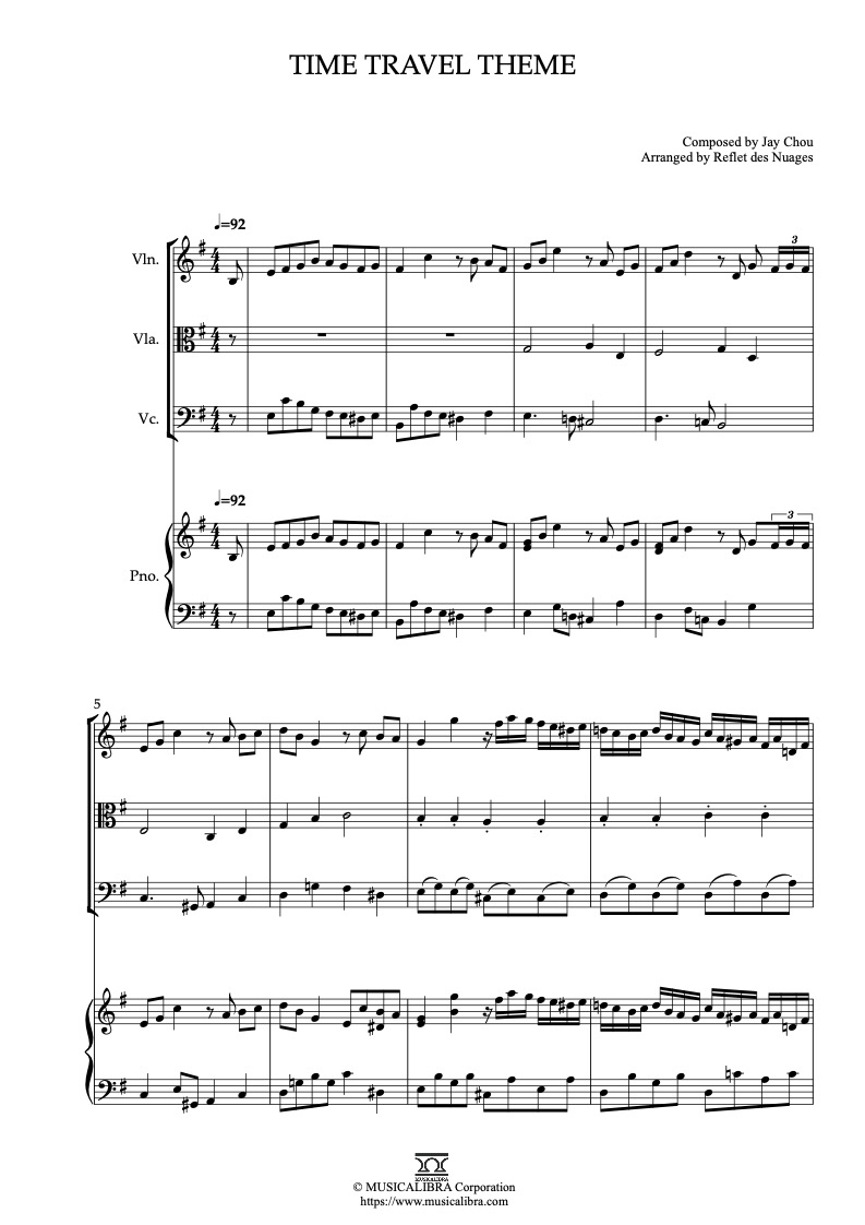 Sheet music of Secret Time Travel Theme arranged for violin, viola, cello and piano quartet chamber ensemble preview page 1