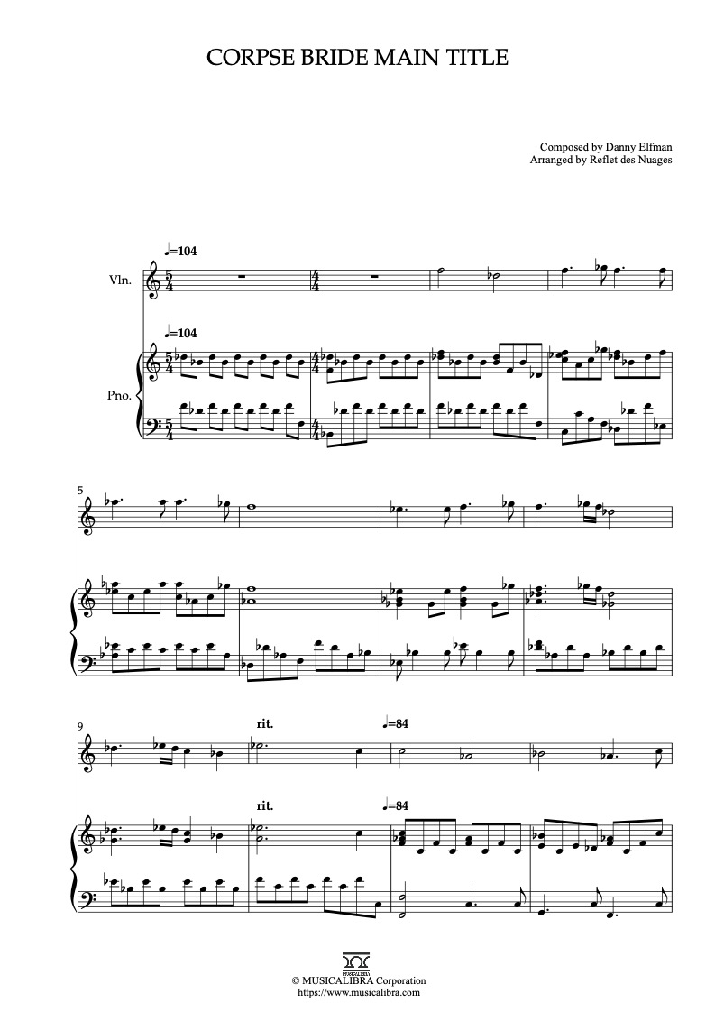 Corpse Bride Main Title 編曲楽譜 - ヴァイオリン、ピアノデュエット