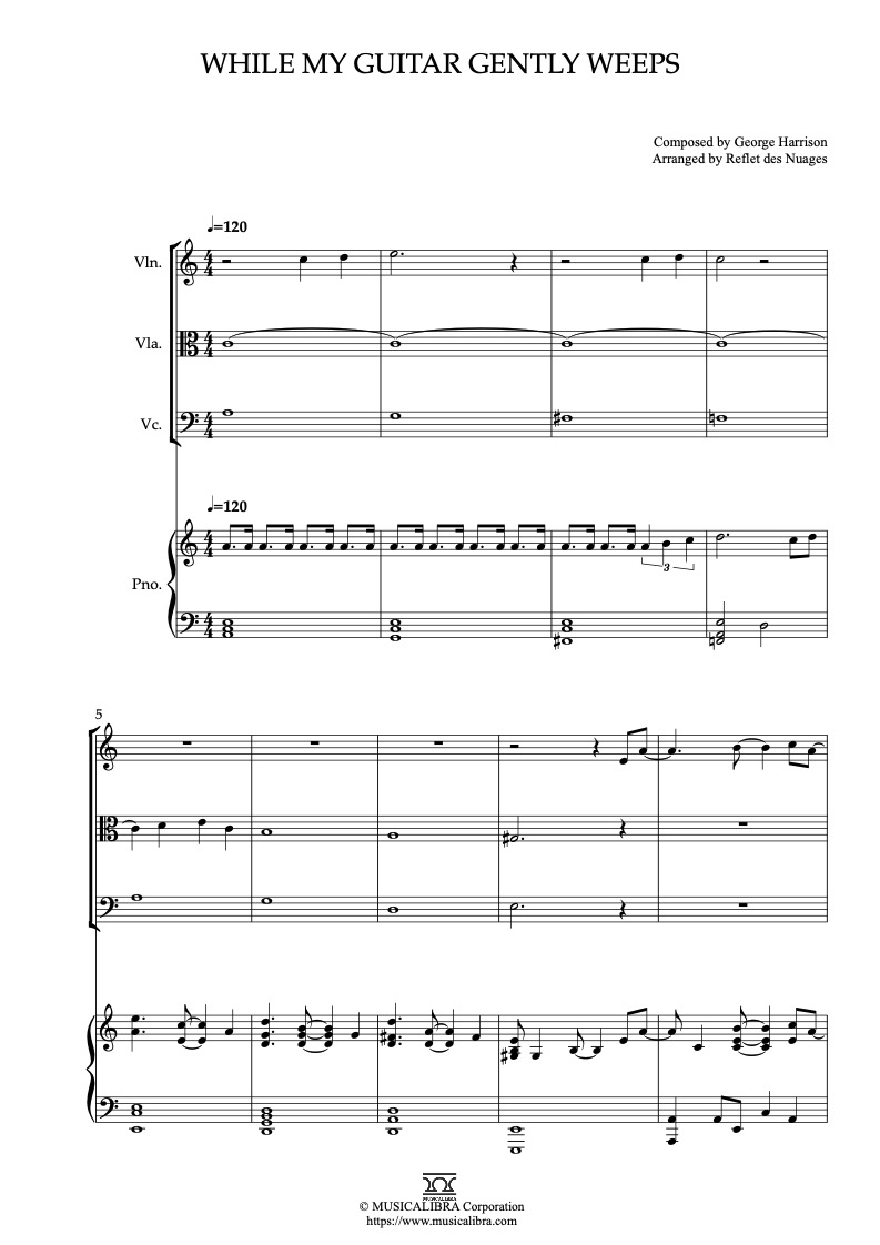 Kubo and the Two Strings While My Guitar Gently Weeps 四重奏 乐谱 - 小提琴, 中提琴, 大提琴, 钢琴