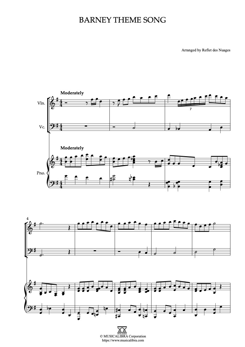 Sheet music of Barney Theme Song arranged for violin, cello and piano trio chamber ensemble preview page 1