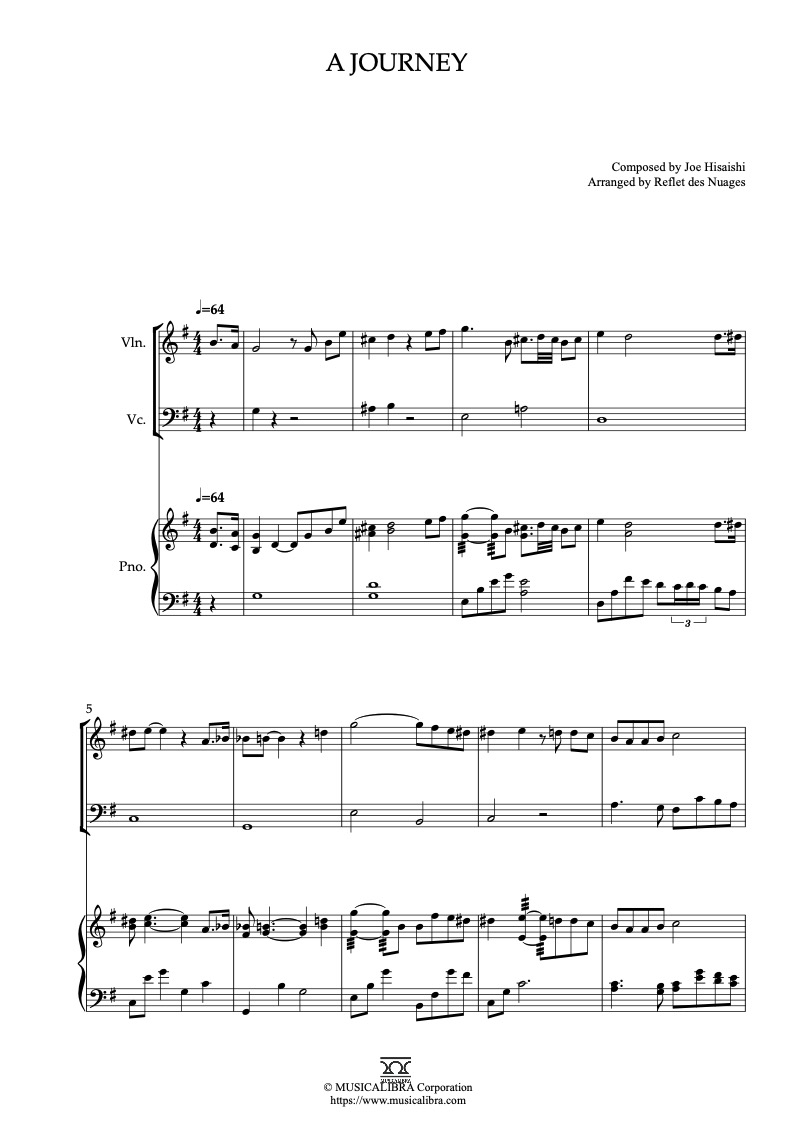 Partitura de The Wind Rises A Journey arreglada para trío de violín, violonchelo y piano