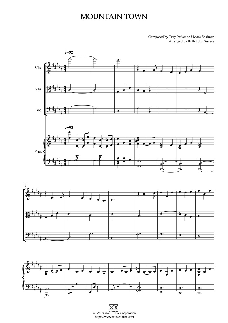 South Park Mountain Town 編曲楽譜 - ヴァイオリン、ビオラ、チェロ、ピアノ 室内楽 カルテット アンサンブル