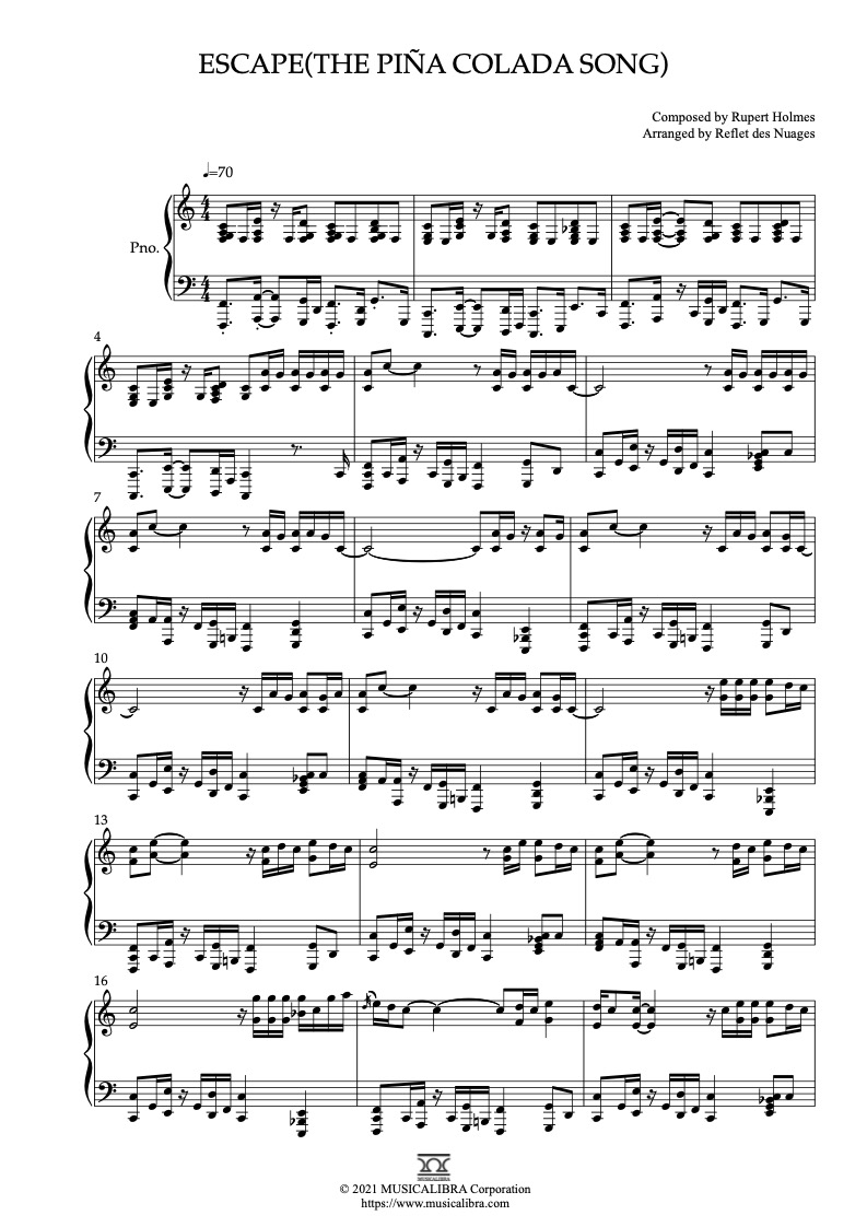 Rupert Holmes Escape(The Piña Colada Song) ピアノソロ 編曲 楽譜