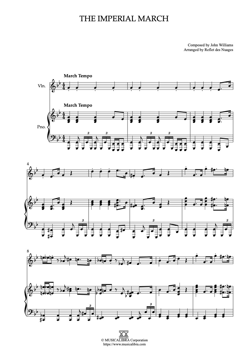 Partitura de Star Wars The Imperial March arreglada para dueto de violín y piano